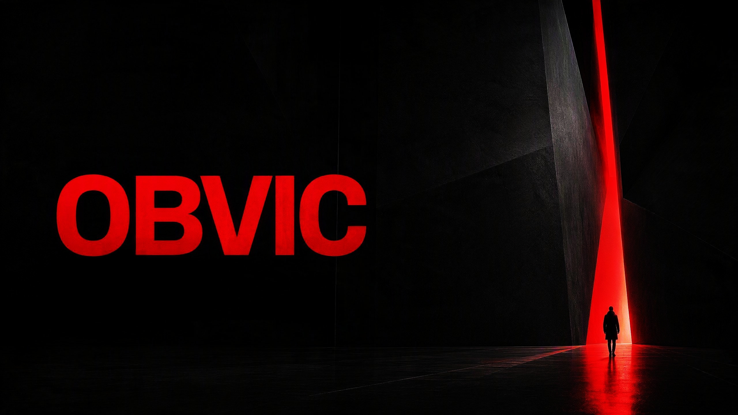 Monumental red OBVIC wordmark beside a red architectural aperture and a human silhouette